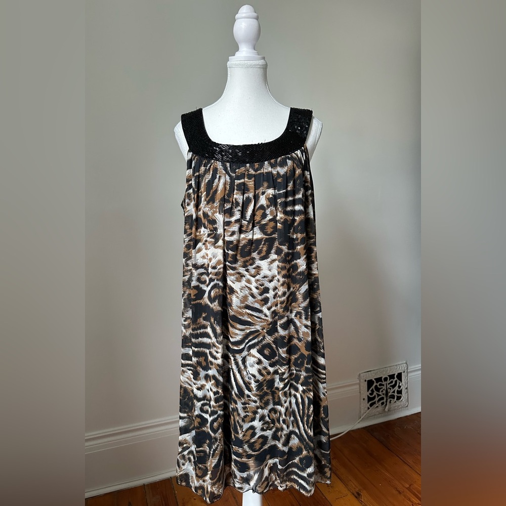 KAELYN-MAX Y2K Animal Print Beaded Boho Chic Mini Shift Dress Size XL‎